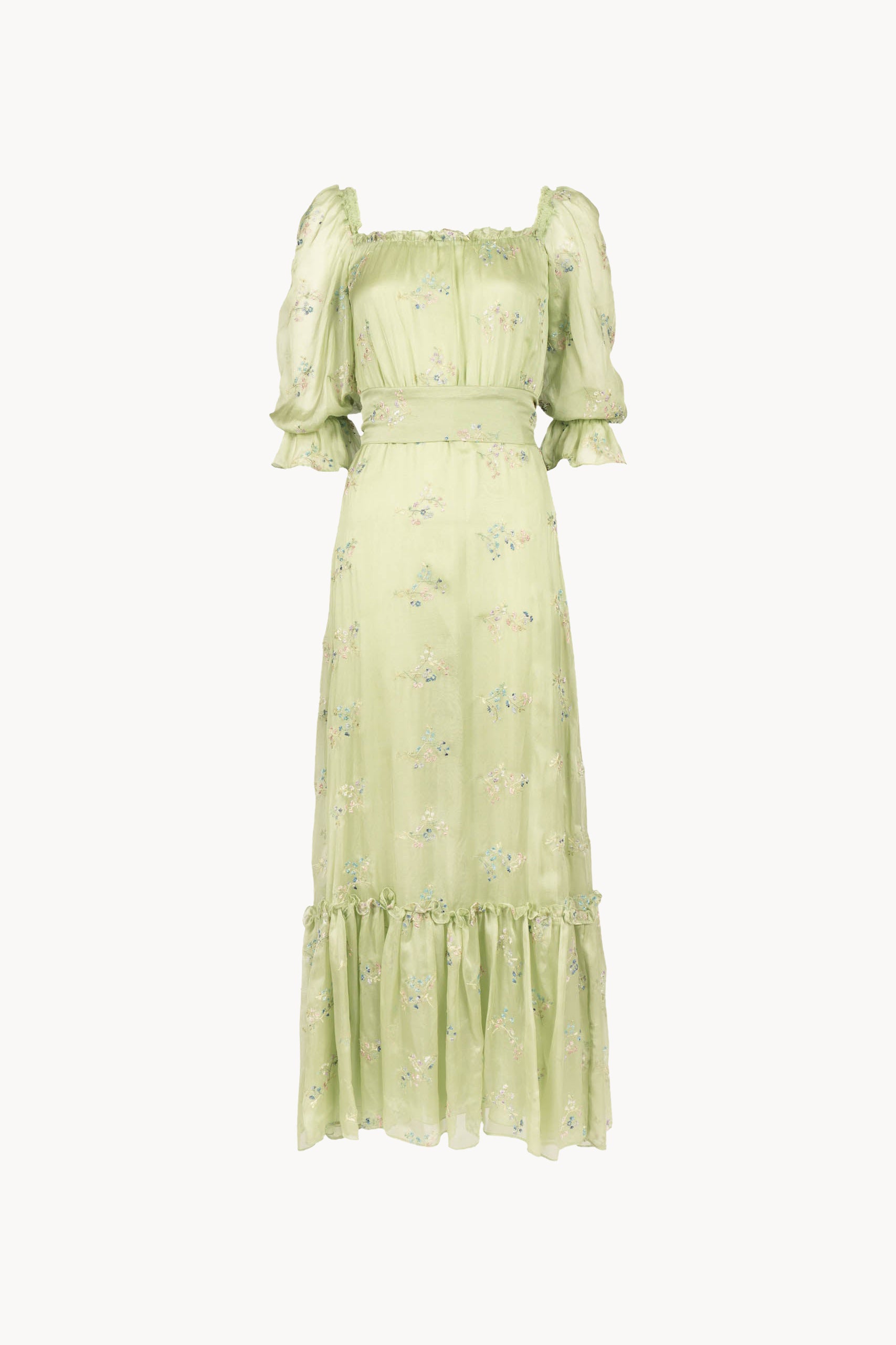 flounced chiffon dress Flower Embroidered With Puff Sleeves Chest Size:42 weekend-getaway Blue Round Neck Tulle Made in Italy