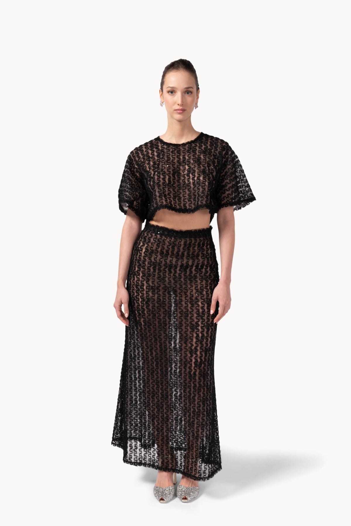 Embroidered Organza & Tulle Cape Top With Sequins
