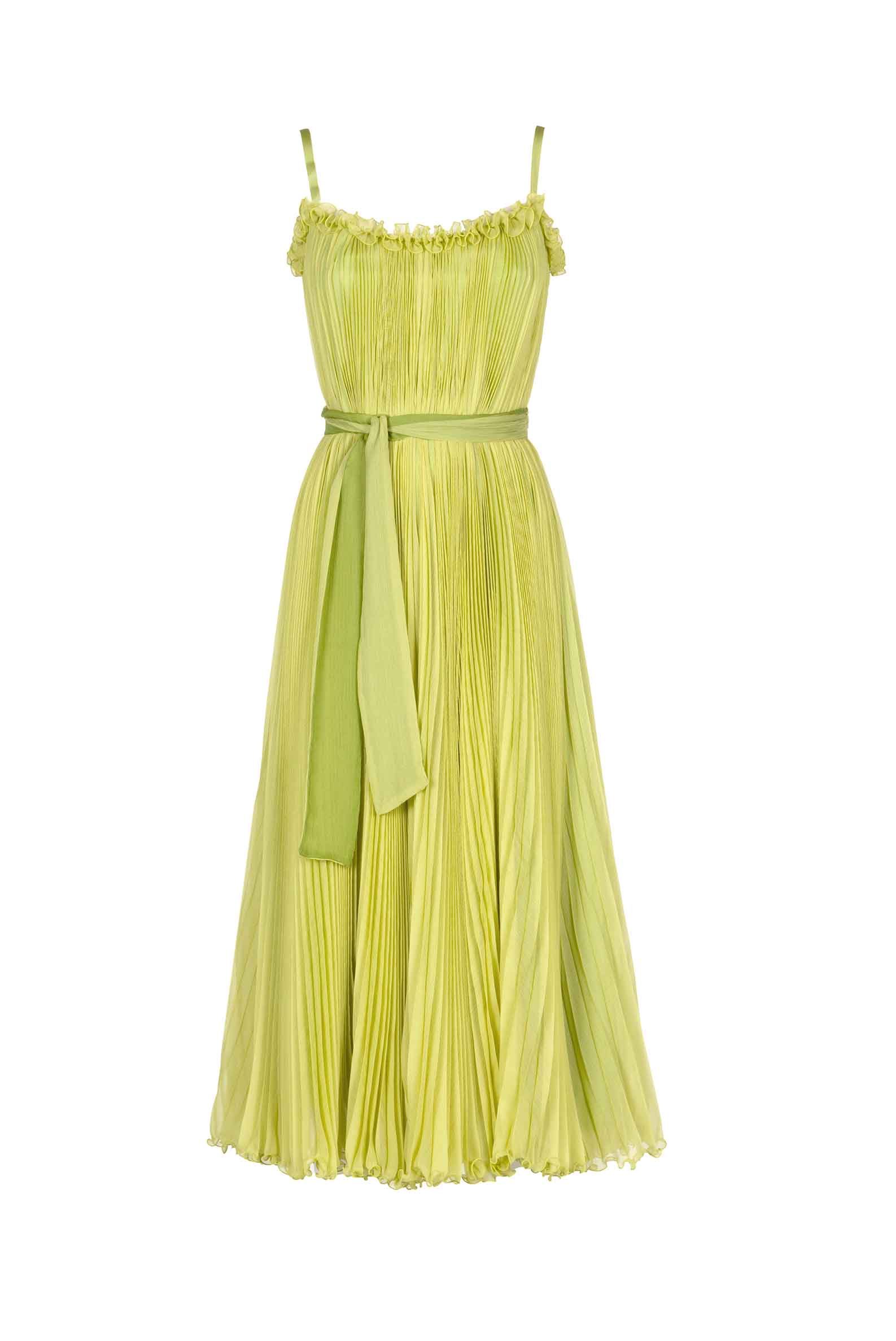 Lime Green Pleated Dress with Sash Luisa Beccaria Lime Green Pleated Dress with Sash Luisa Beccaria