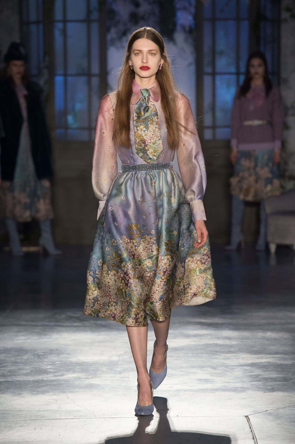 Floral Print Silk Organza Pussy Bow Dress