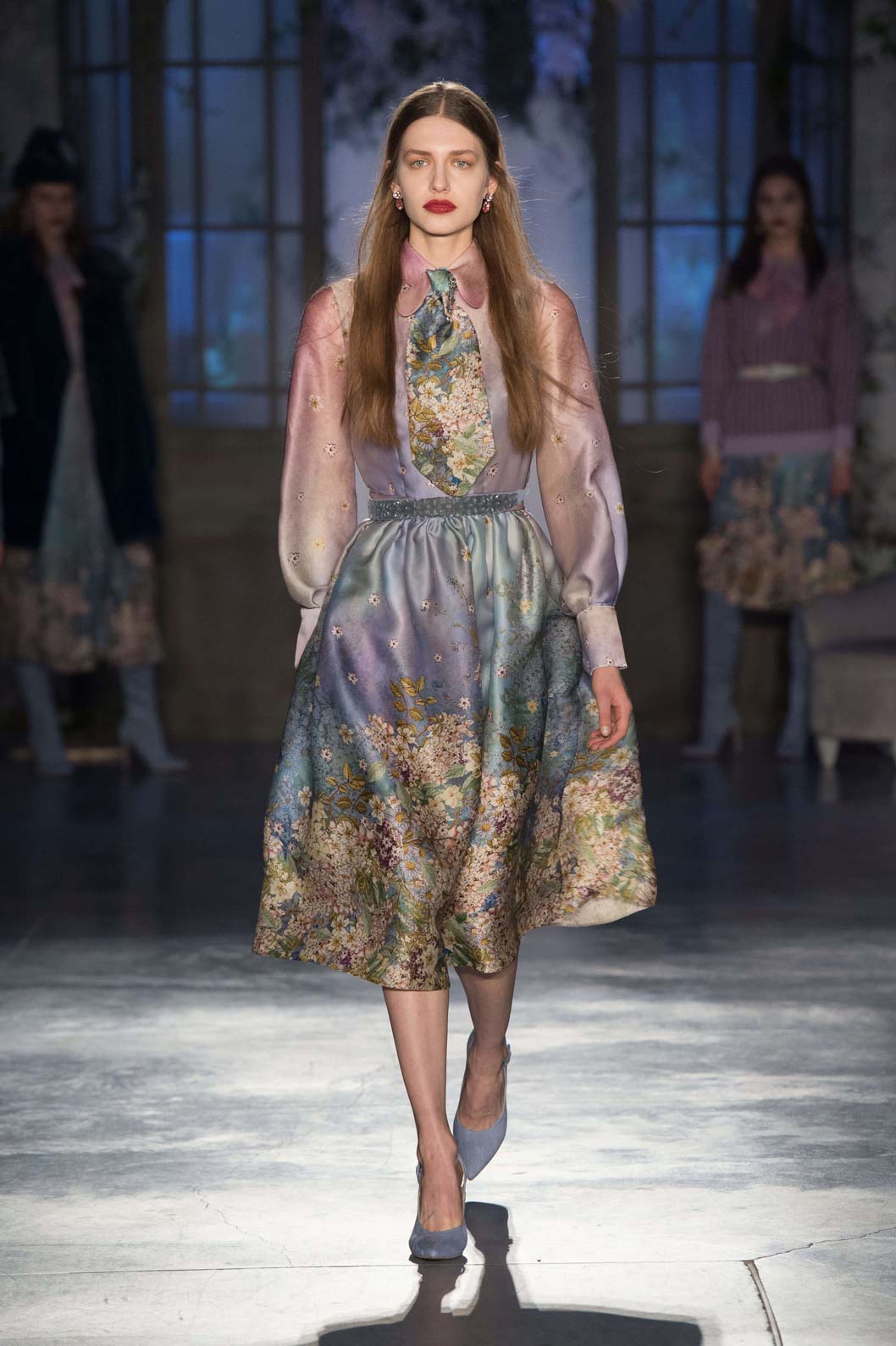 Floral Print Silk Organza Pussy Bow Dress