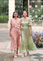 Abito avvolgente in chiffon stampato con rifiniture in pizzo