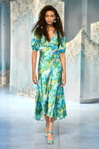 Vestito midi in seta Monet con maniche a sbuffo