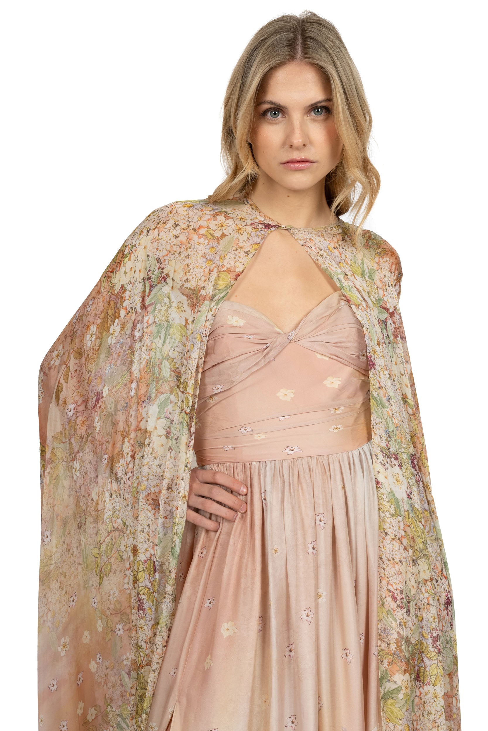 Draped printed dress in smooth chiffon.