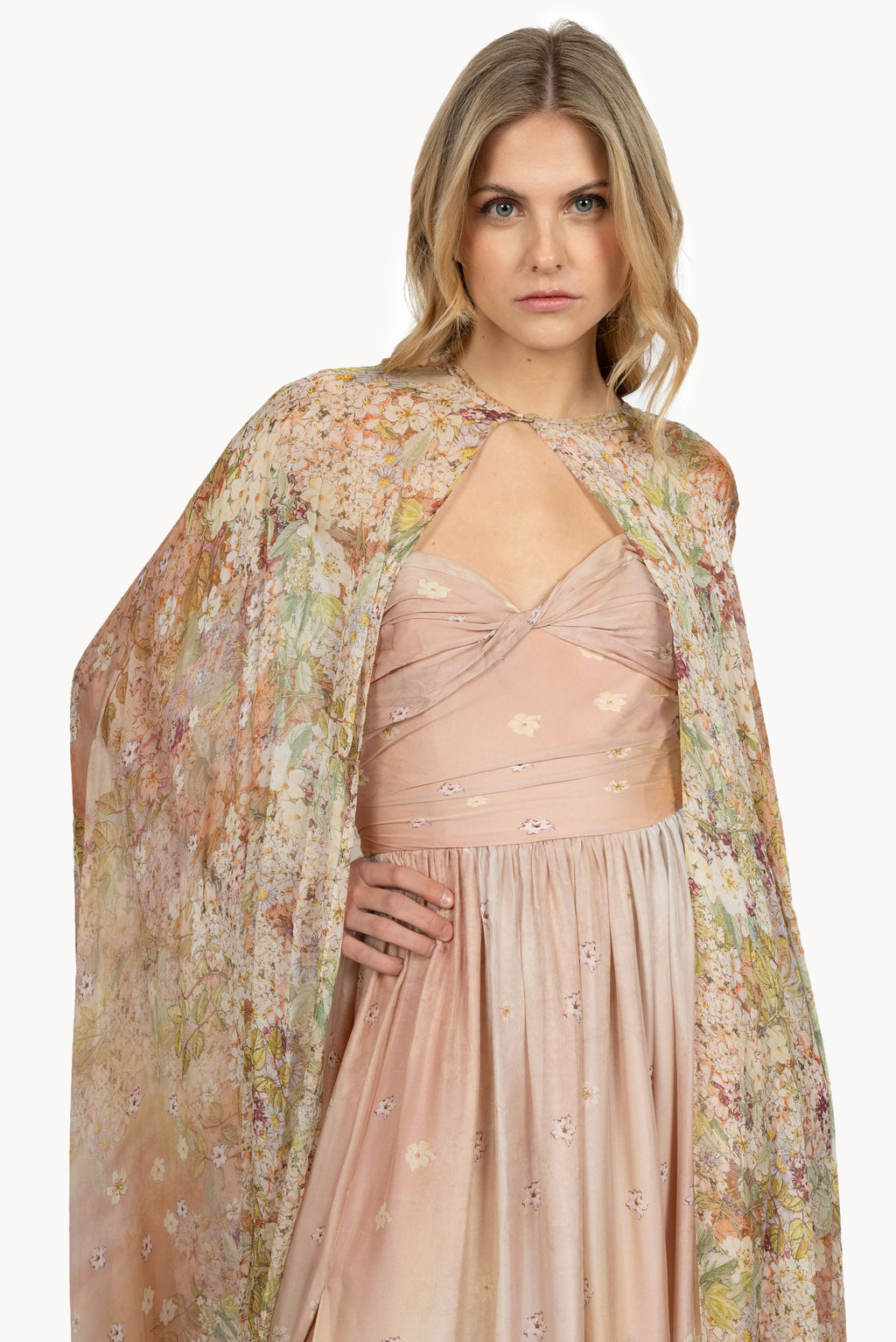 Draped printed dress in smooth chiffon.