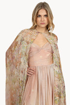 Draped printed dress in smooth chiffon.