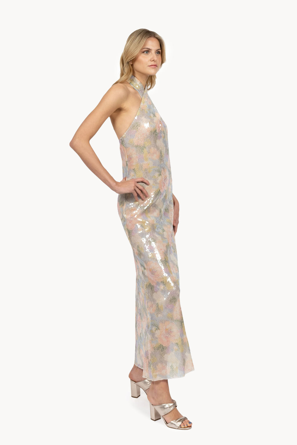 Cross-over dress printed sequins