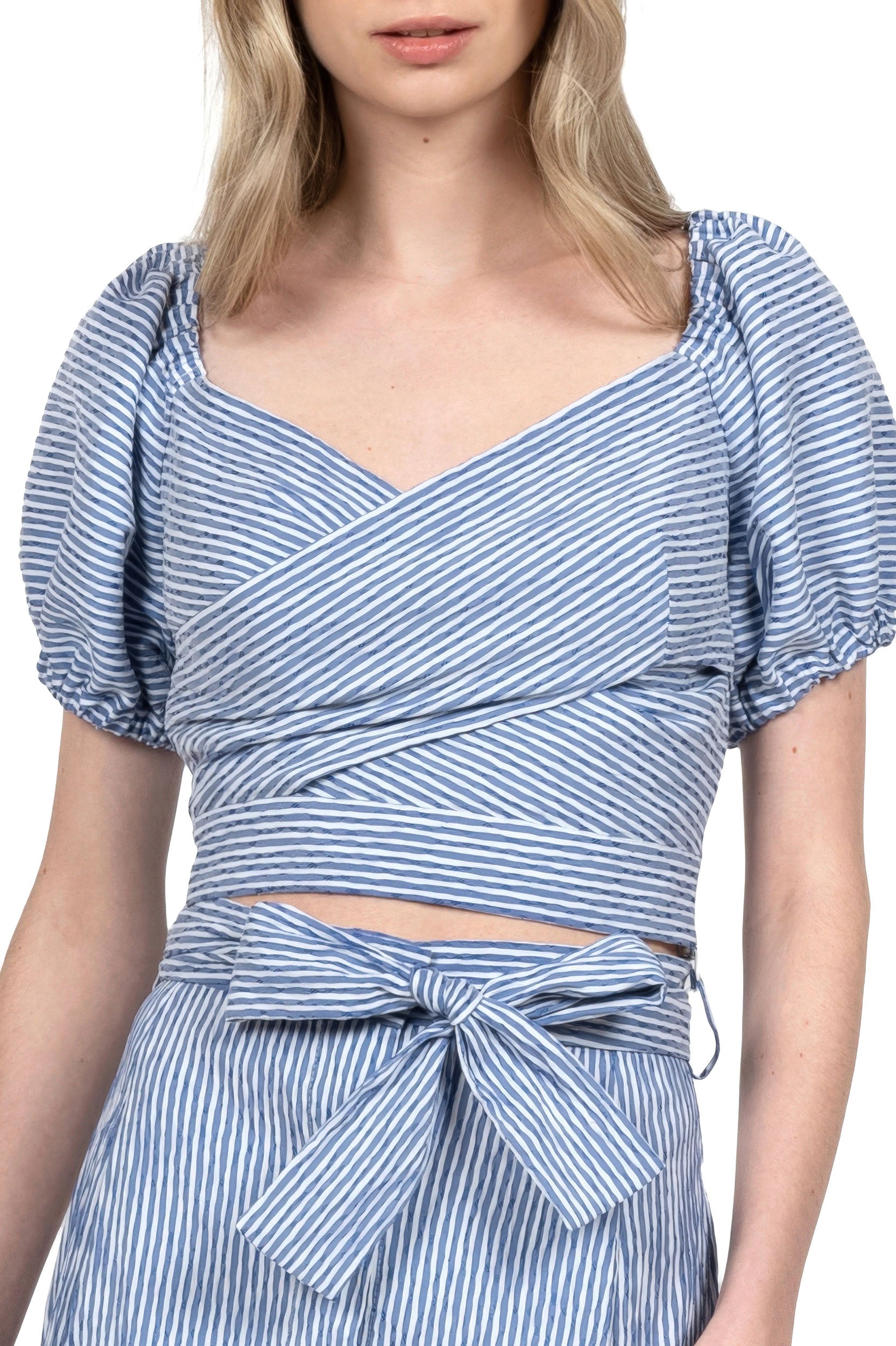 Top incrociato in cotone elasticizzato a righe blu