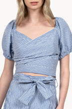 Blue Striped Stretch Cotton Crossover Top