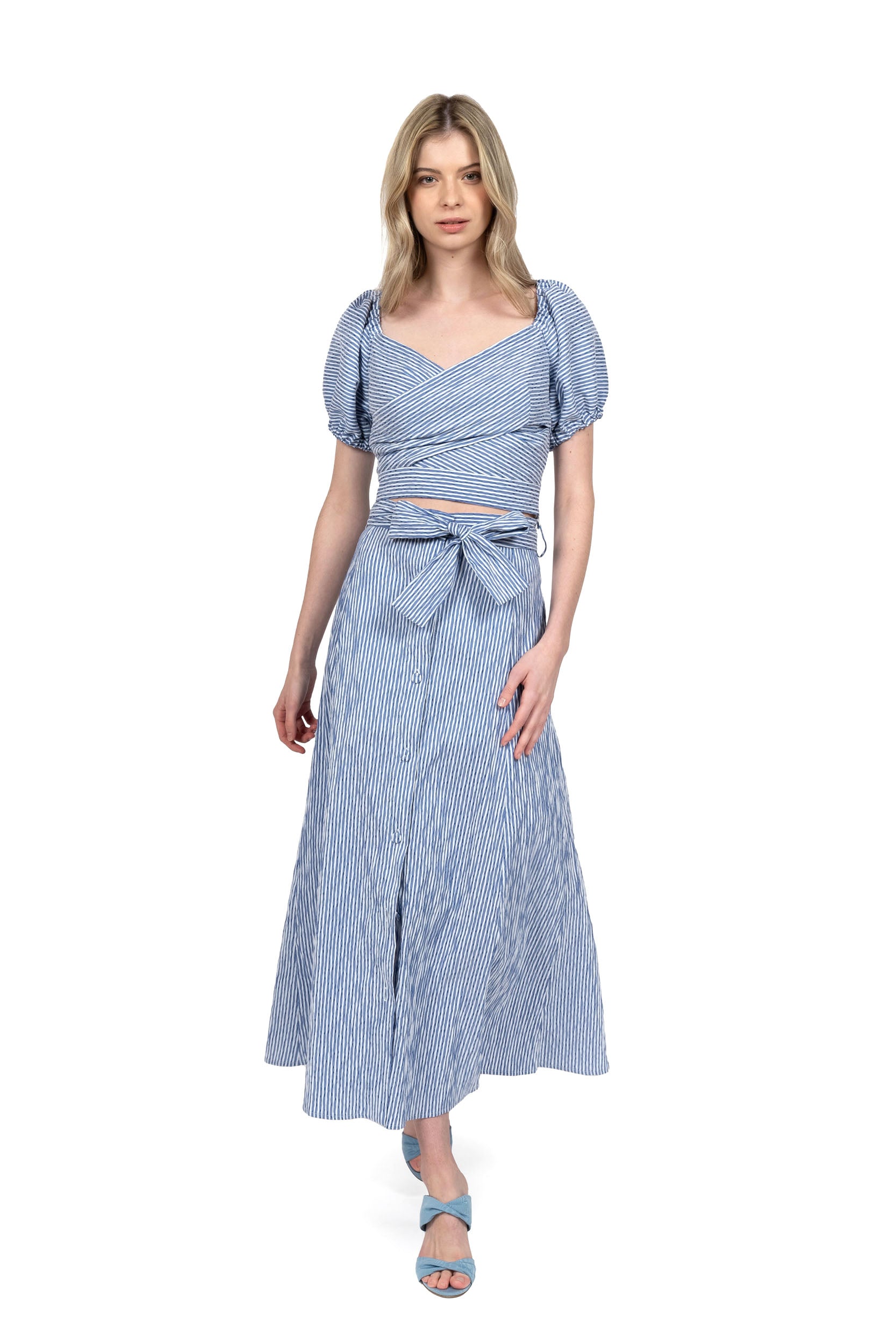 Gonna ampia in cotone elasticizzato a righe blu