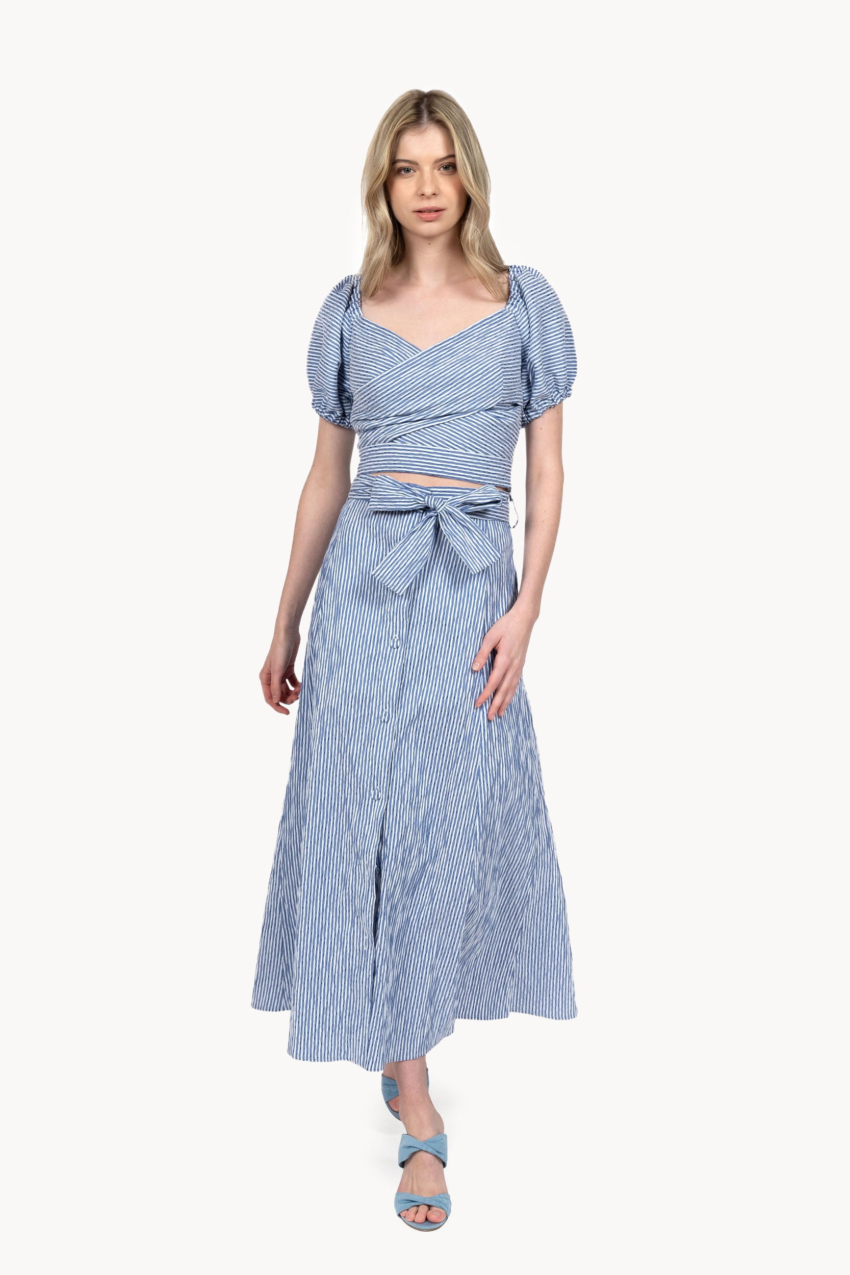 Gonna ampia in cotone elasticizzato a righe blu
