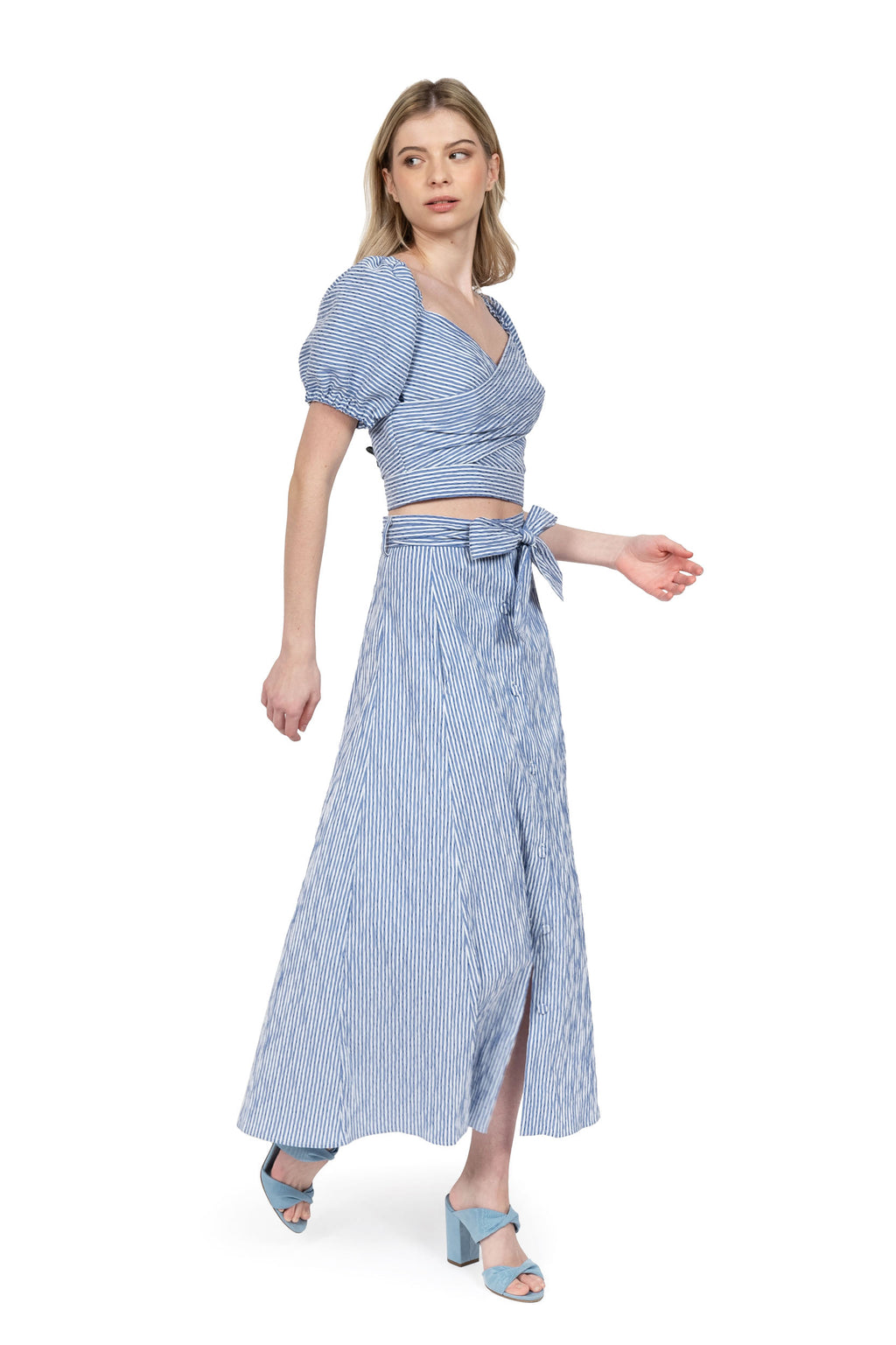 Gonna ampia in cotone elasticizzato a righe blu