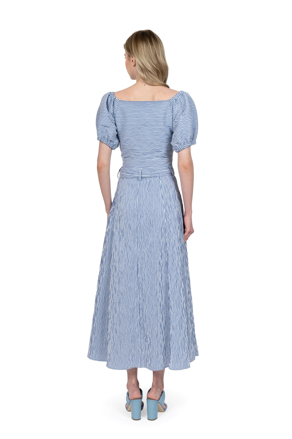 Top incrociato in cotone elasticizzato a righe blu