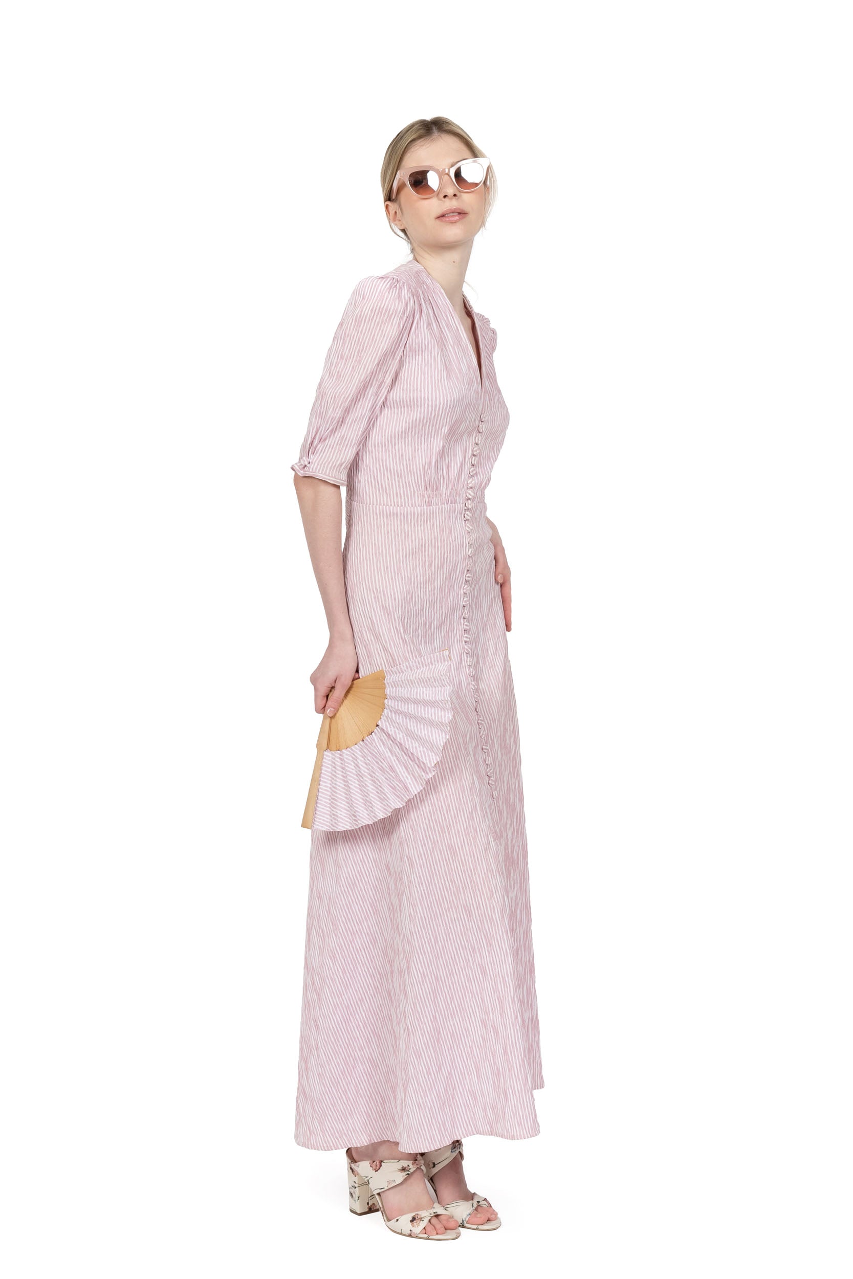 Abito bottoncino in cotone elasticizzato a righe rosa