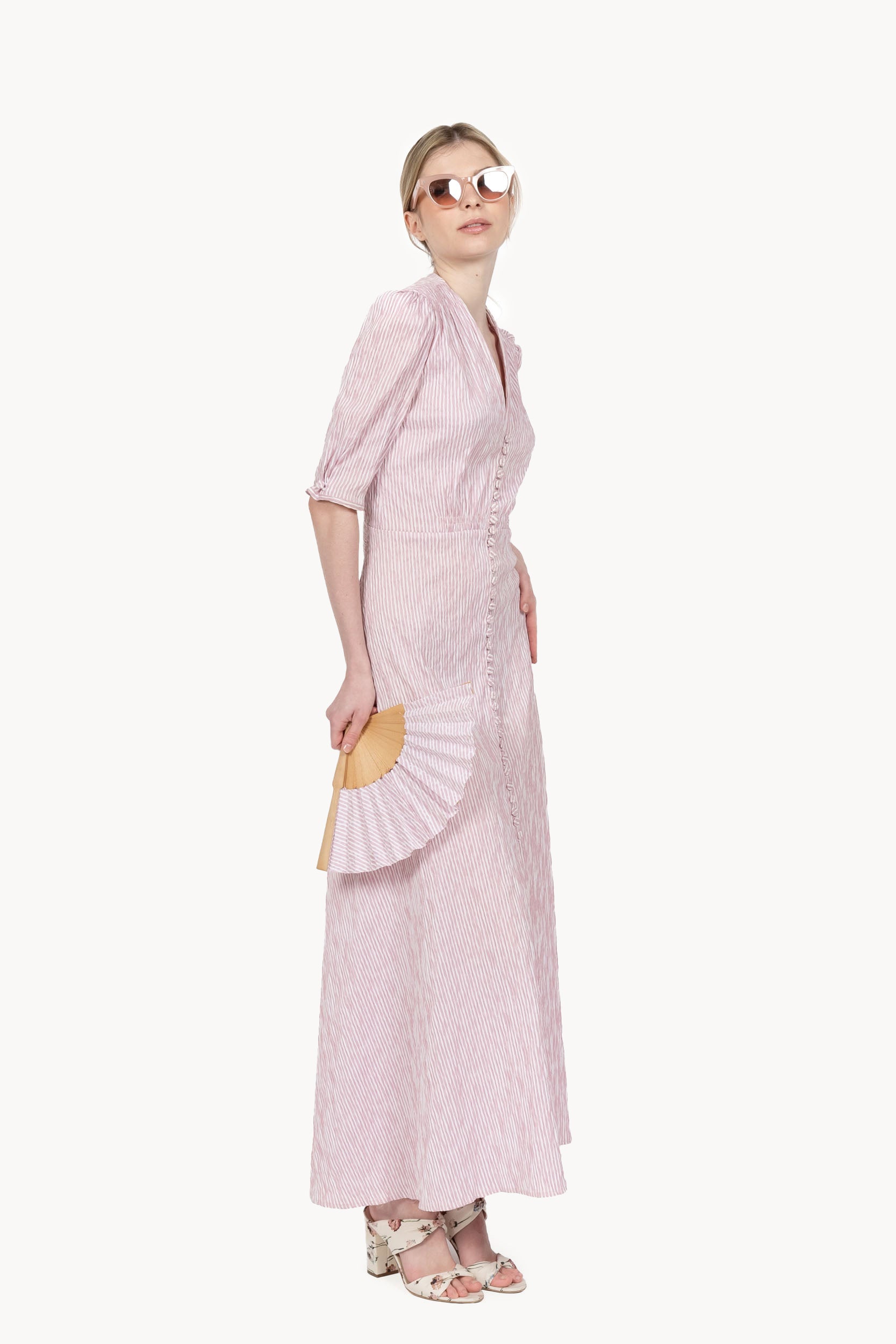 Abito bottoncino in cotone elasticizzato a righe rosa