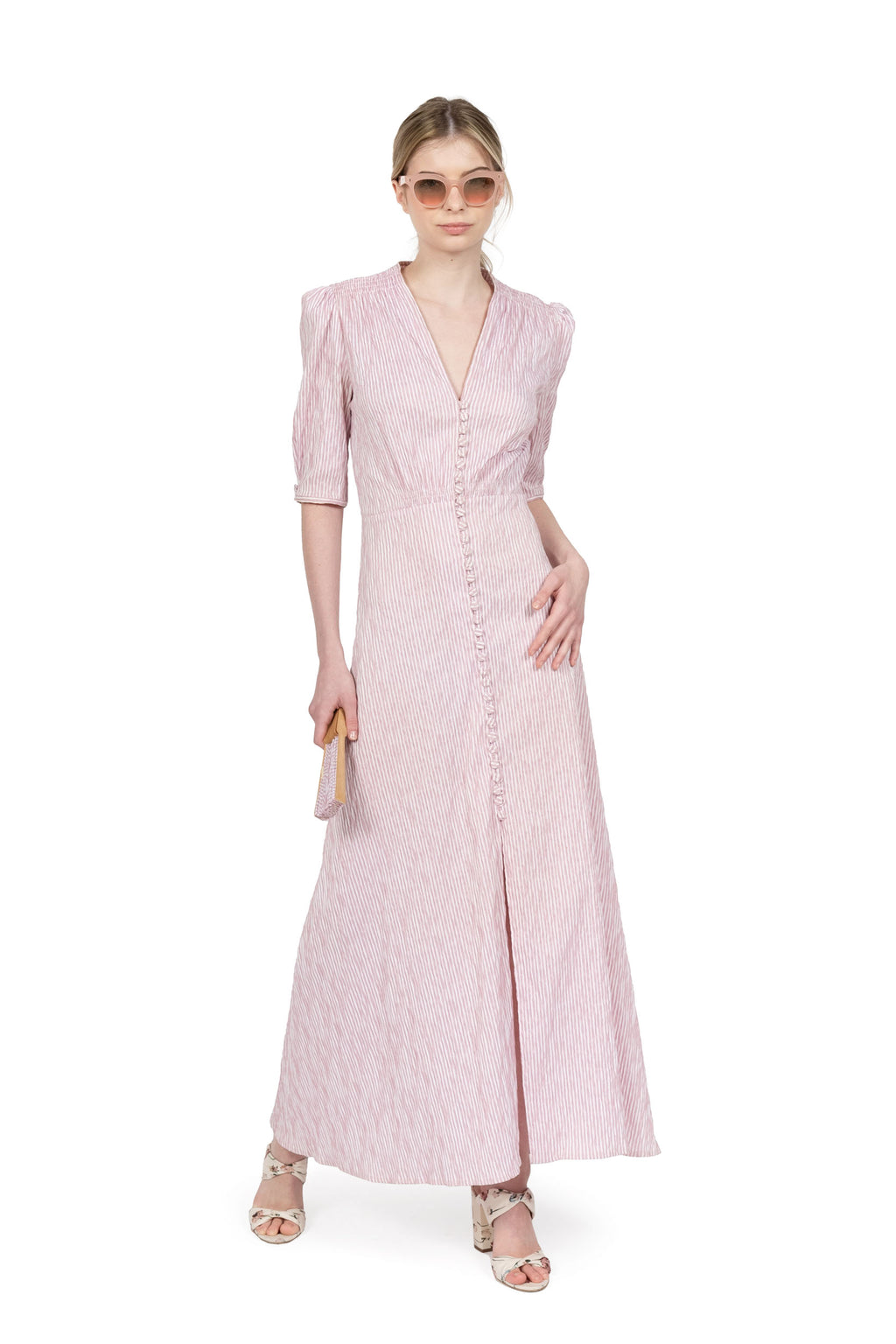 Abito bottoncino in cotone elasticizzato a righe rosa