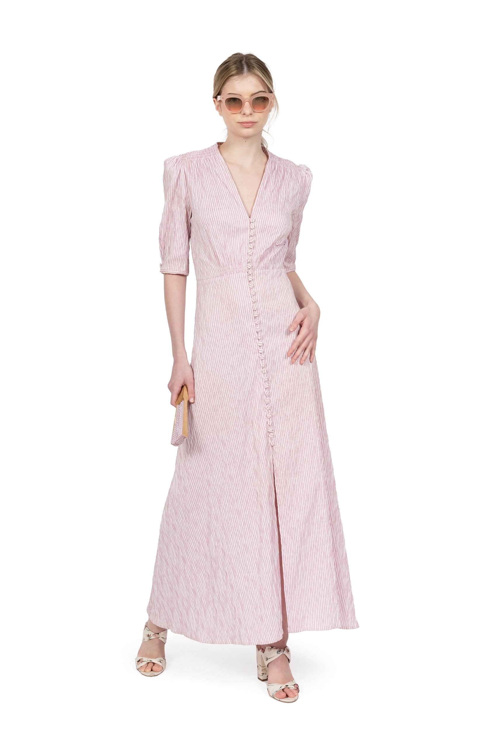 Abito bottoncino in cotone elasticizzato a righe rosa