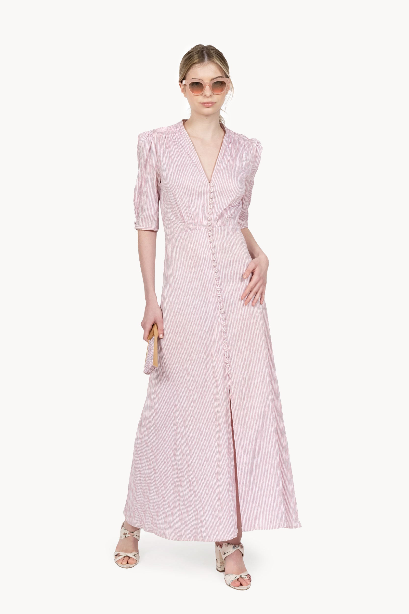 Abito bottoncino in cotone elasticizzato a righe rosa