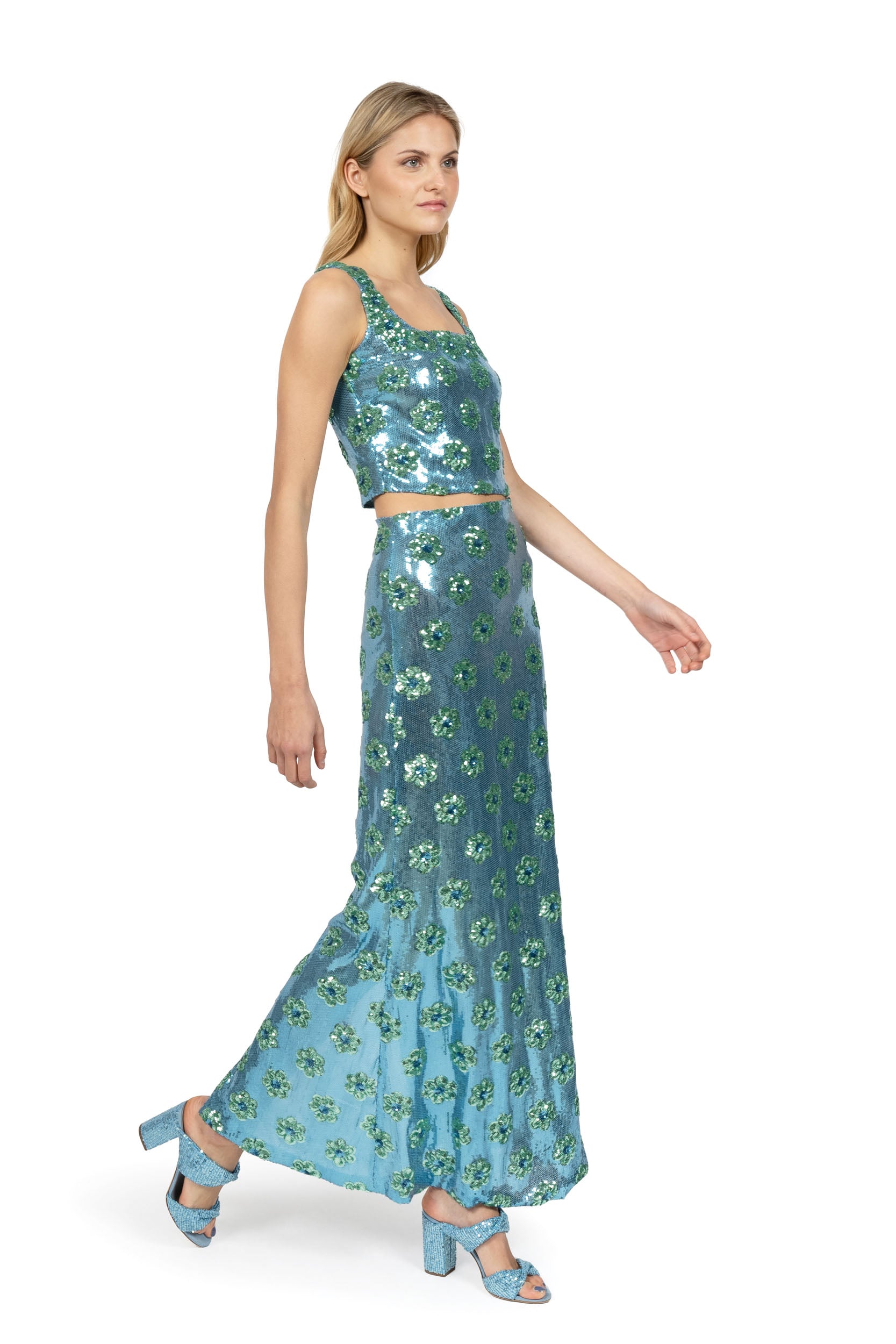 Gonna con paillettes a margherina blu