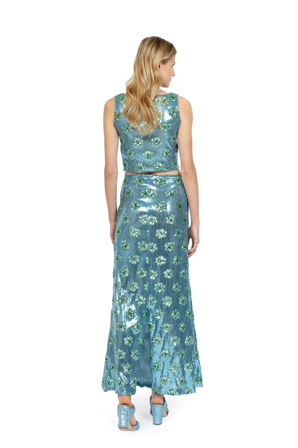 Gonna con paillettes a margherina blu