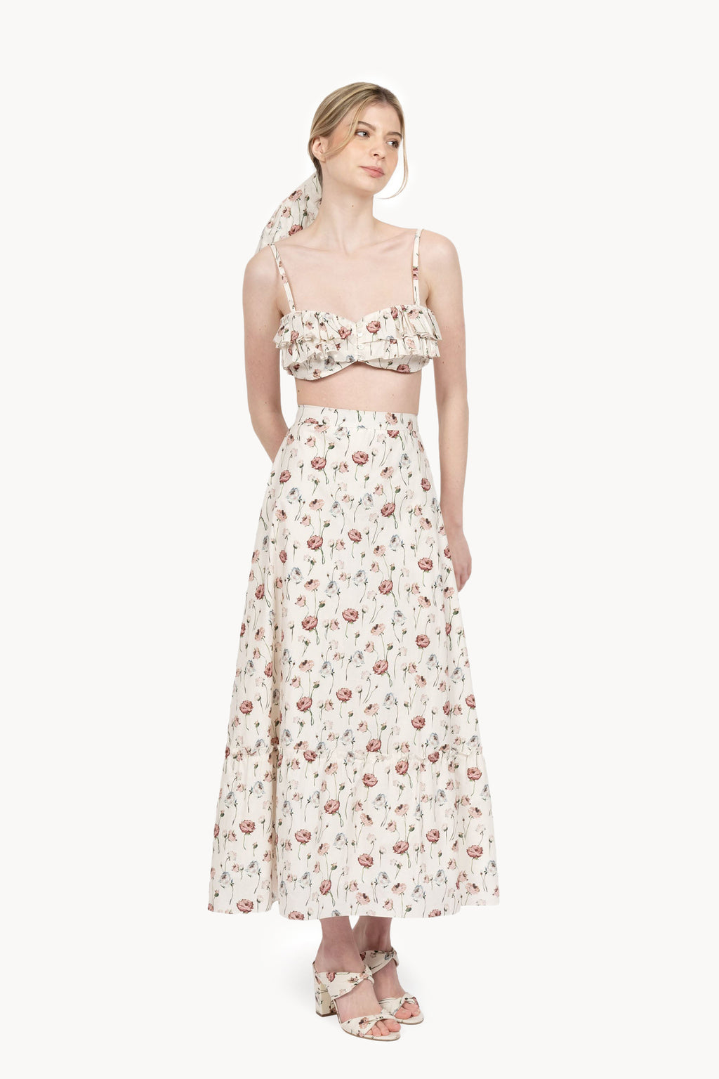 Gonna a balze in cotone con stampa floreale