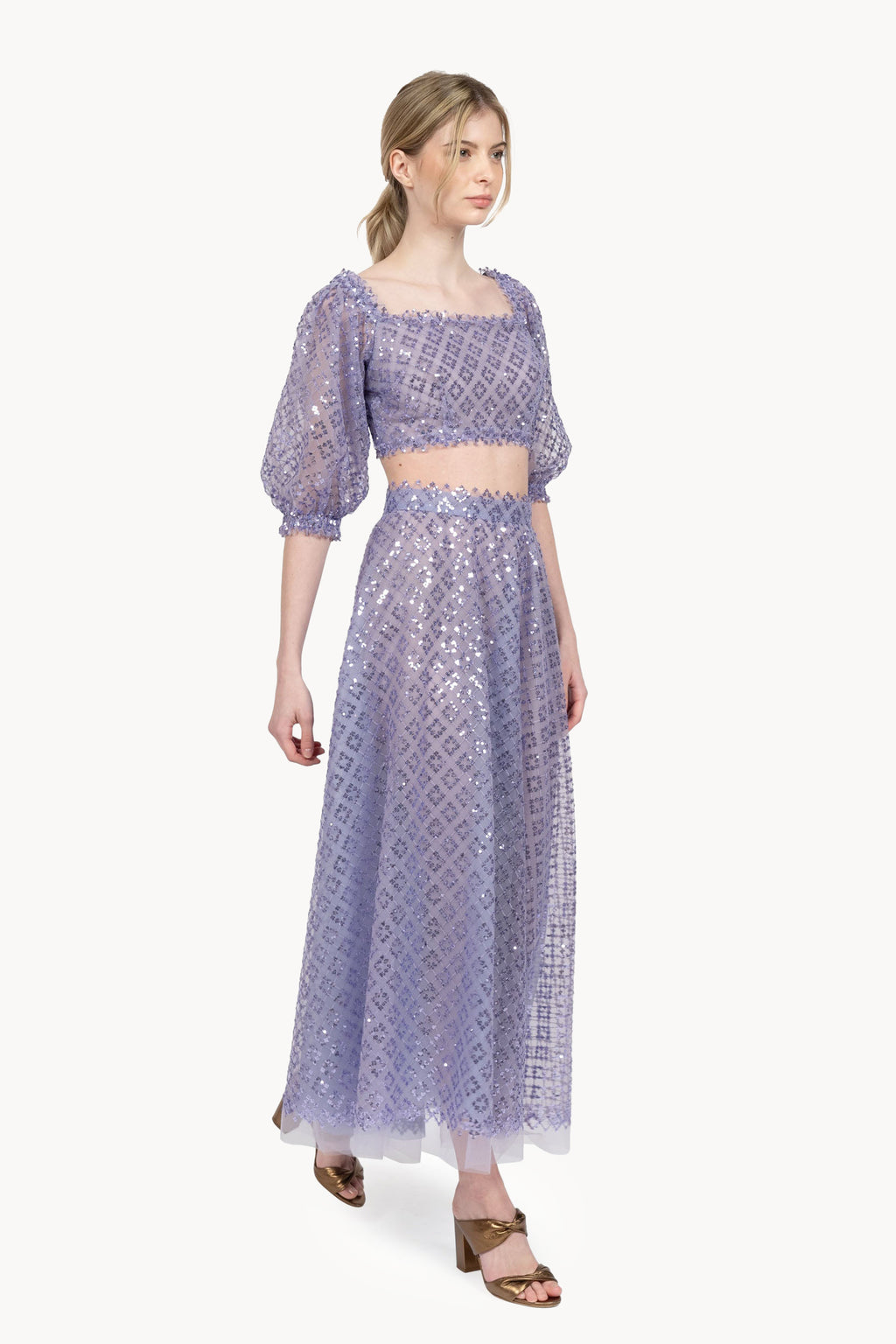 Top corto in tulle ricamato con gelsomino e paillettes