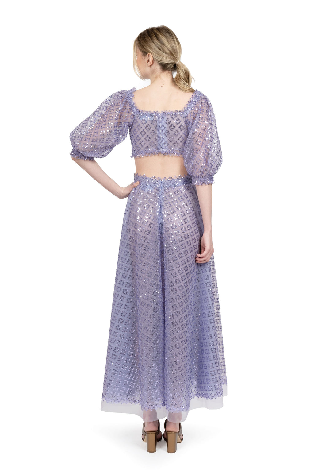 Top corto in tulle ricamato con gelsomino e paillettes