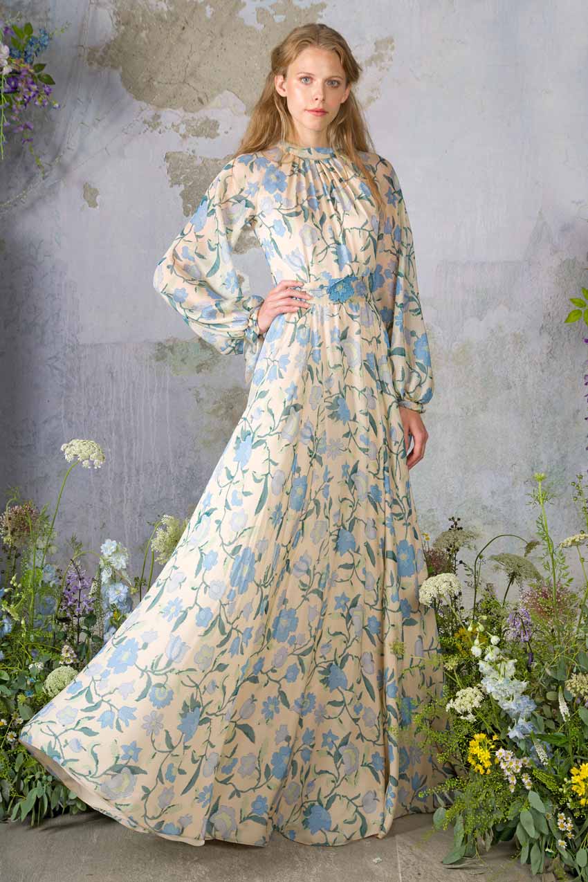 Vestito maxi in chiffon di seta con fiori selvatici