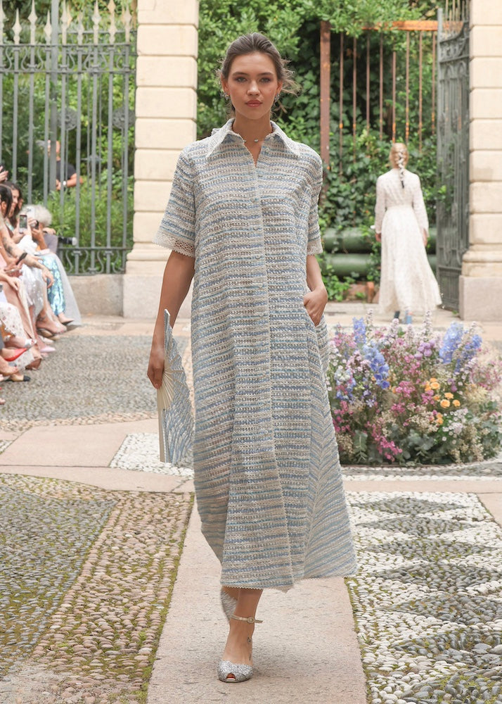 Abito in cotone jacquard e pizzo con cintura
