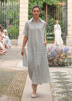 Abito in cotone jacquard e pizzo con cintura