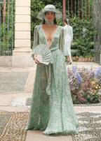 Abito lungo in chiffon stampato con inserti in pizzo