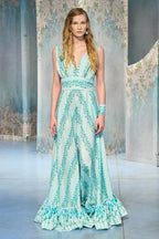Vestito maxi in seta a righe floreali con vita impero