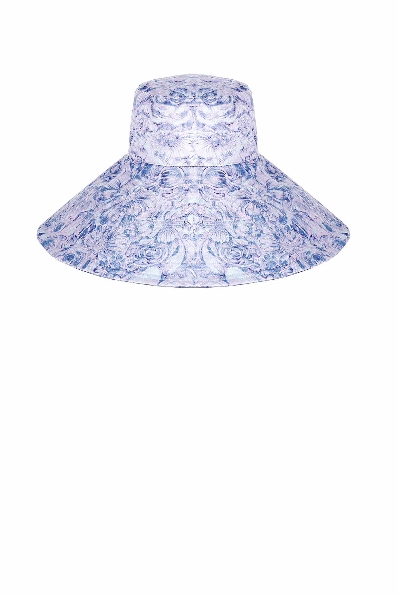 Cappello Capri in lino con stampa rose viola