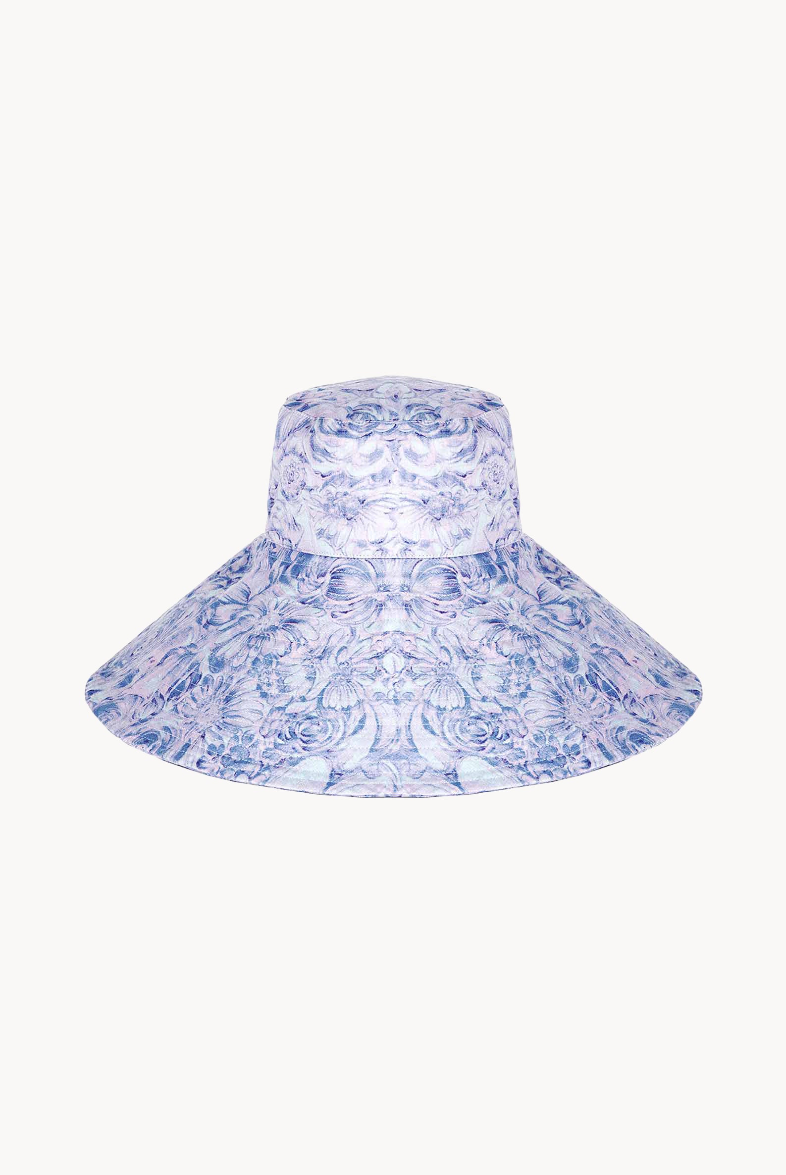 Cappello Capri in lino con stampa rose viola
