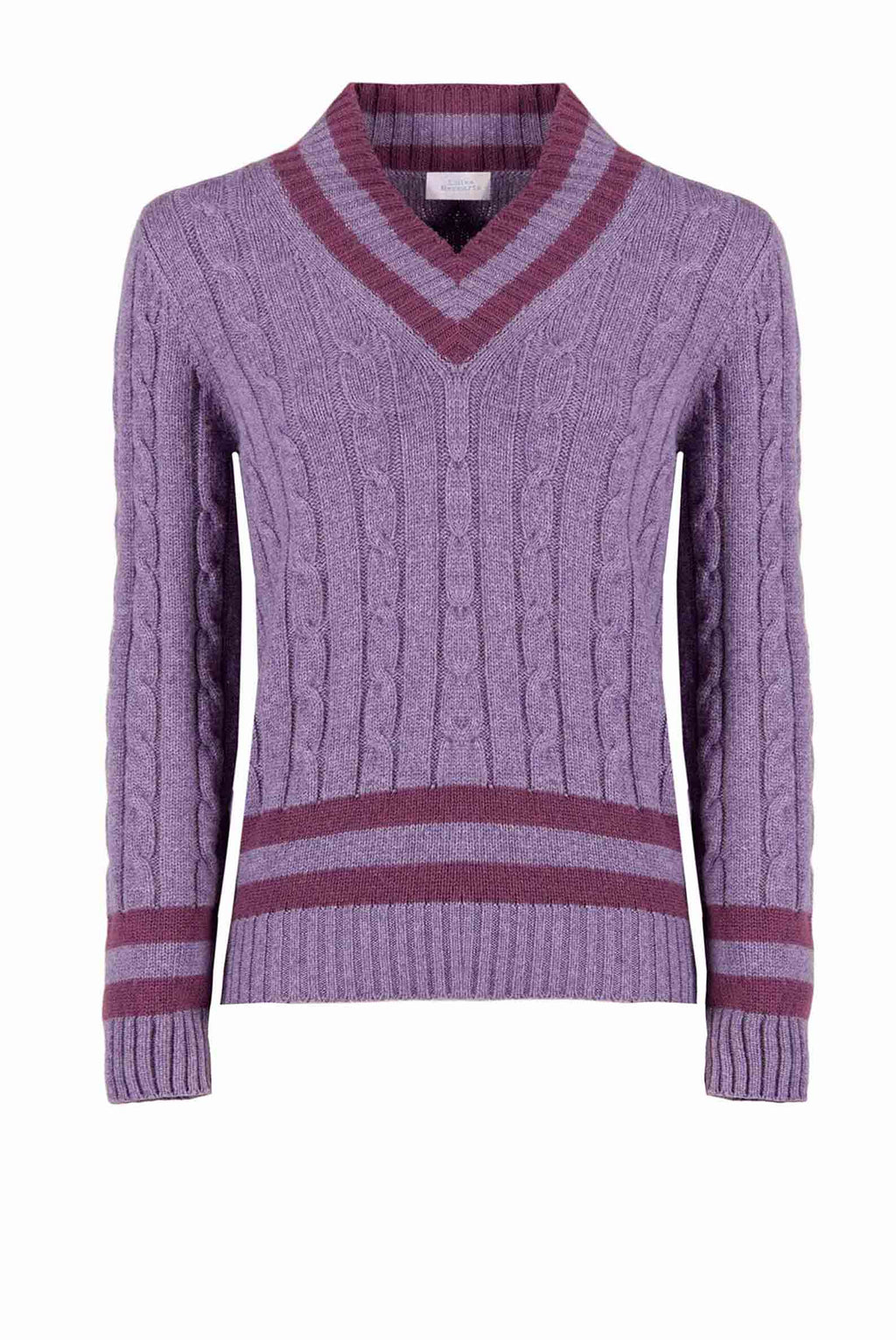 Maglione scollo a V in cashmere viola con trecce