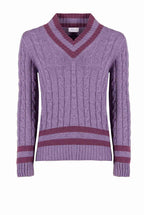 Maglione scollo a V in cashmere viola con trecce