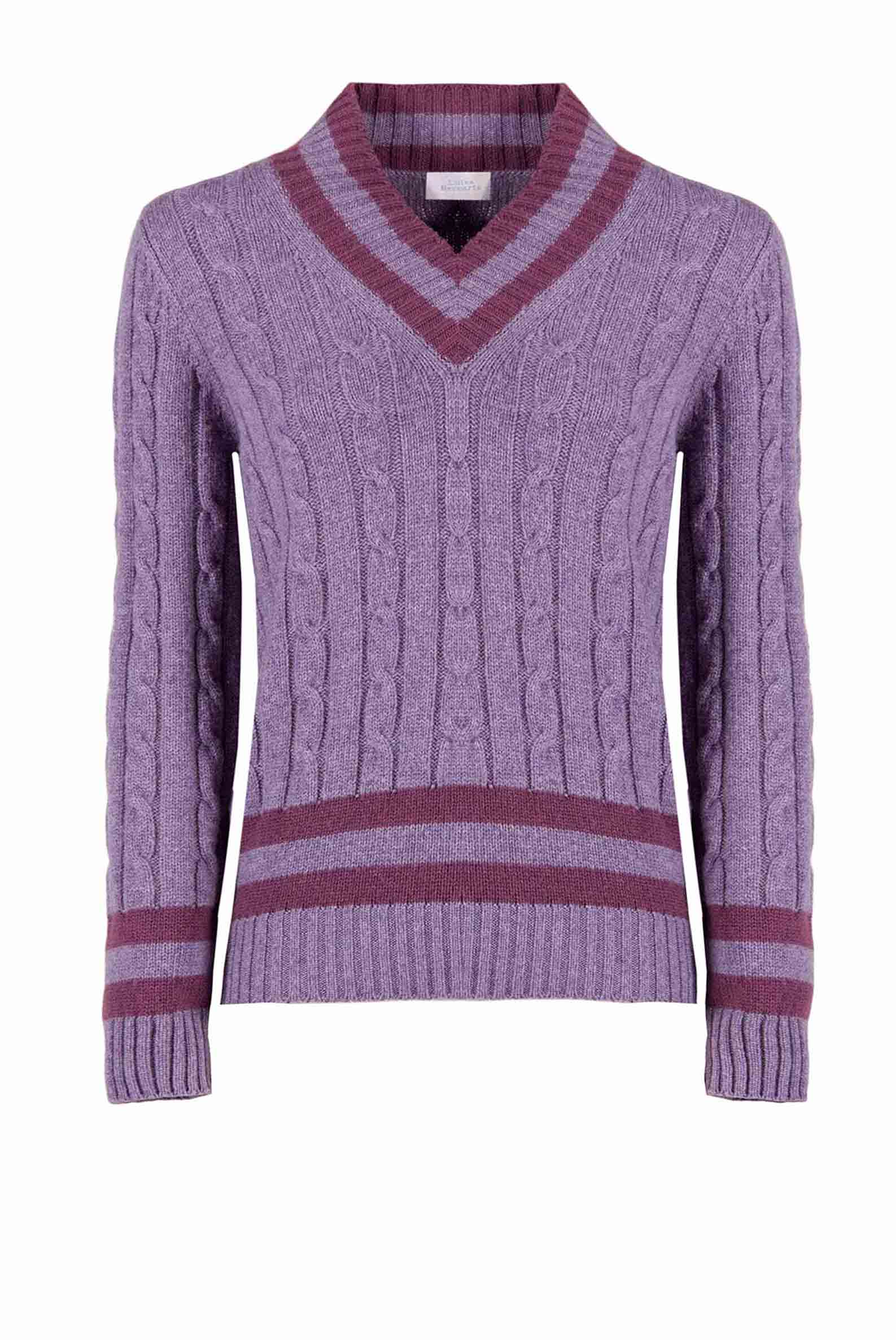 Maglione scollo a V in cashmere viola con trecce