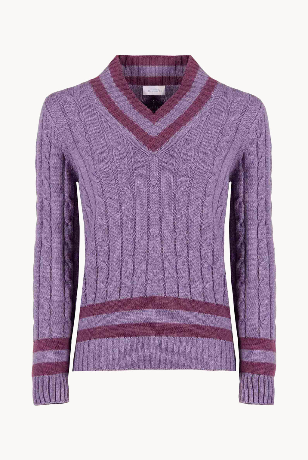 Maglione scollo a V in cashmere viola con trecce