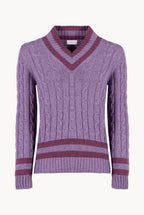 Maglione scollo a V in cashmere viola con trecce