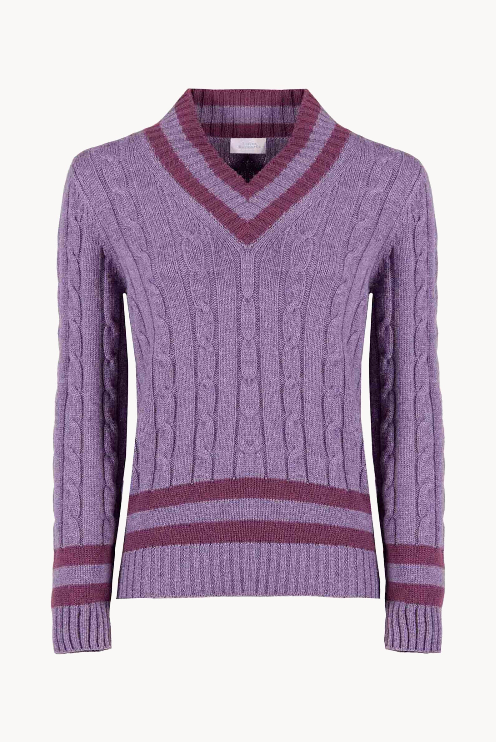 Maglione scollo a V in cashmere viola con trecce