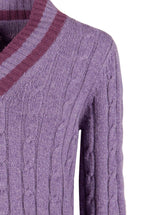 Maglione scollo a V in cashmere viola con trecce