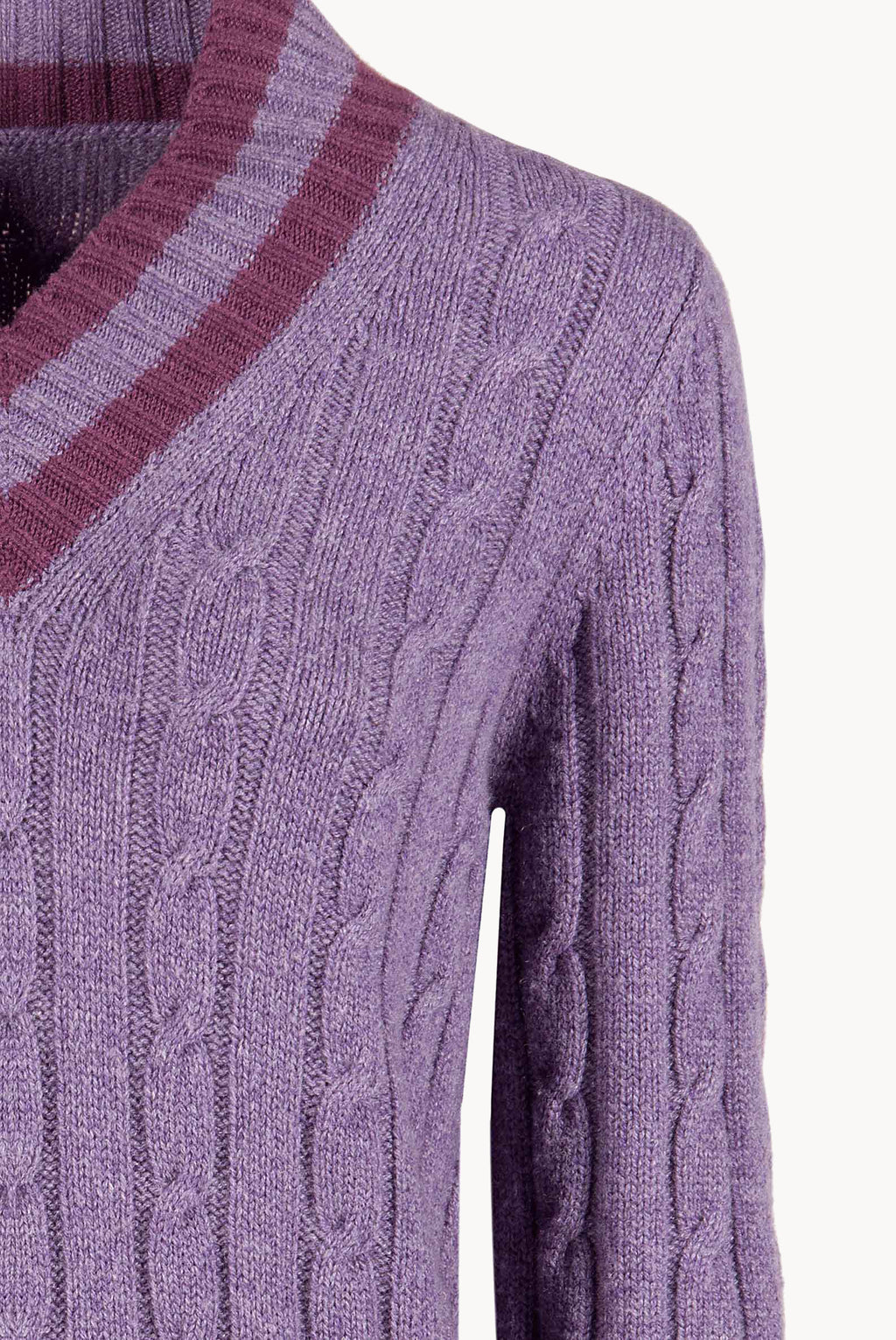 Maglione scollo a V in cashmere viola con trecce