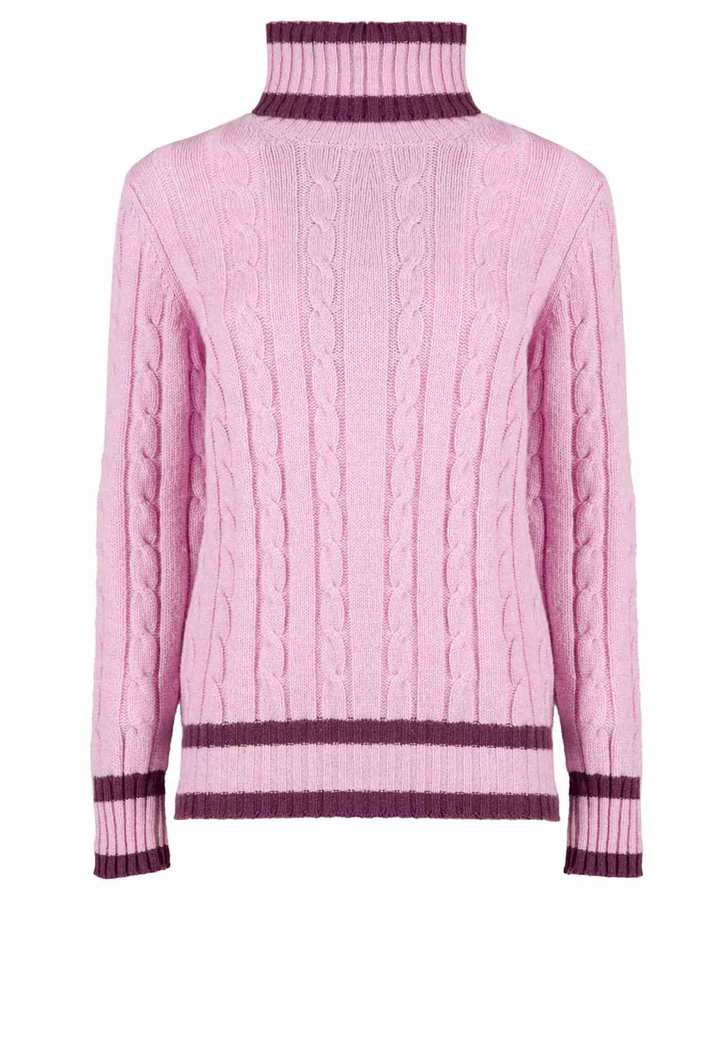 Maglione dolcevita in cashmere rosa con trecce