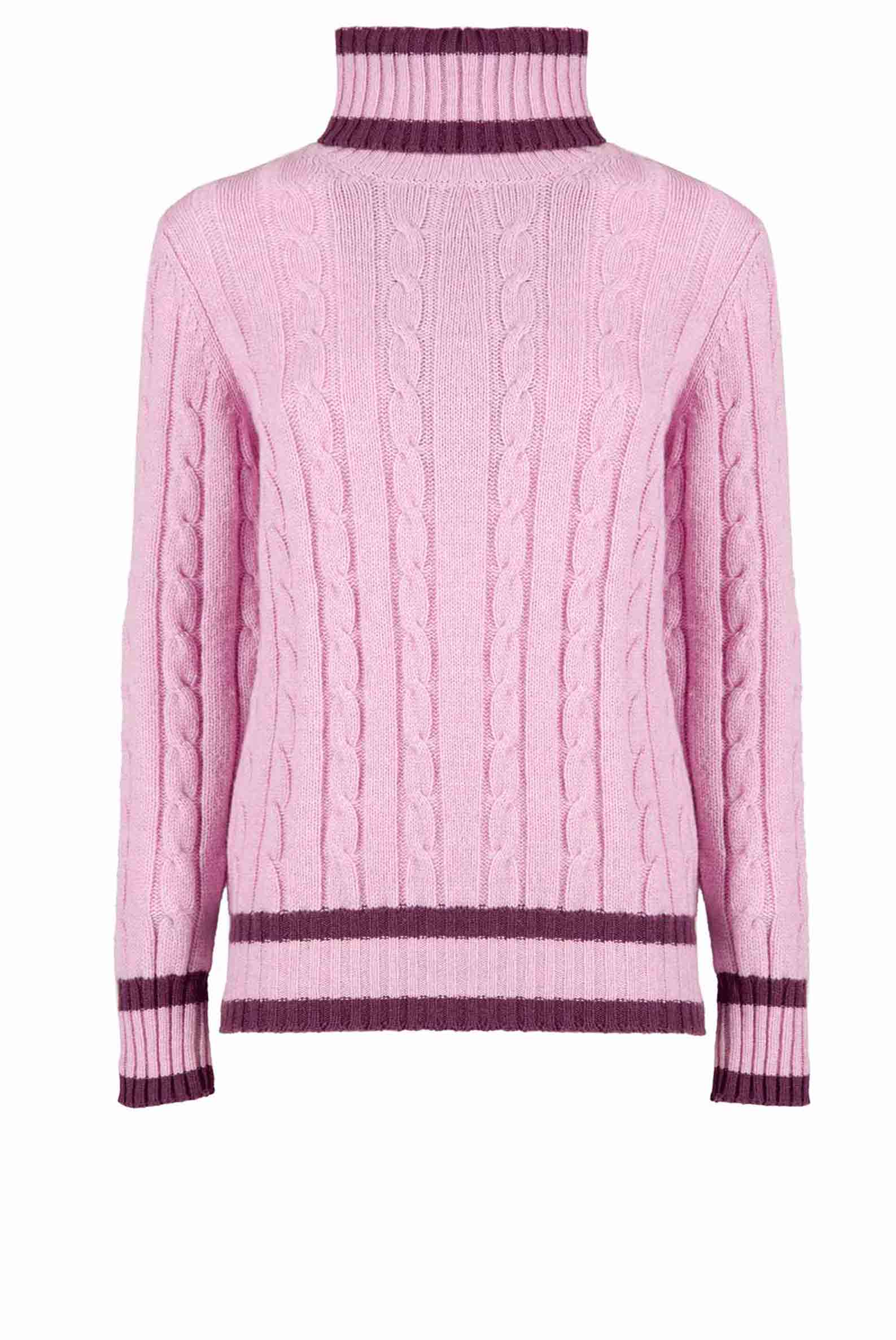 Maglione dolcevita in cashmere rosa con trecce