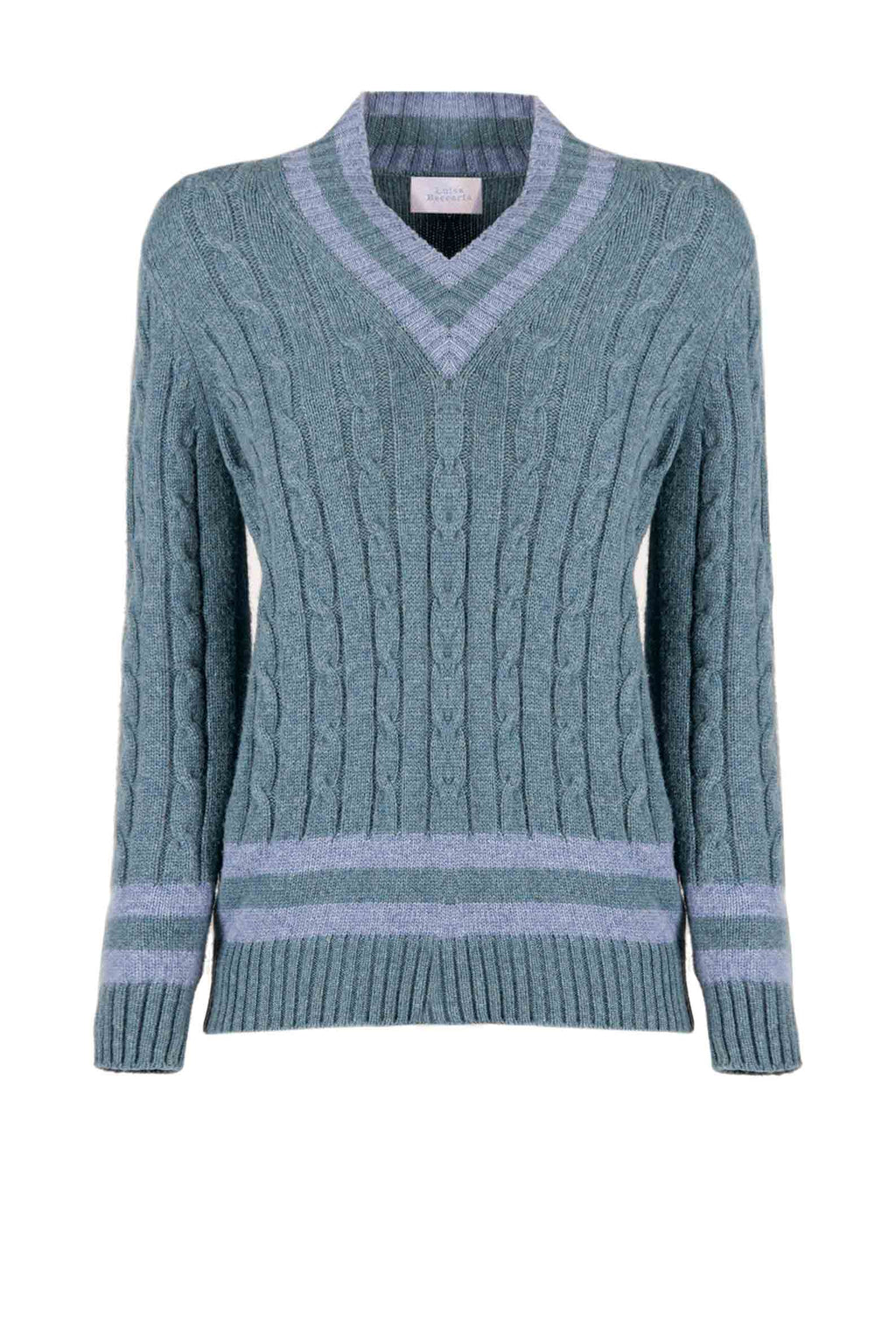 Maglione scollo a V in cashmere petrolio con trecce