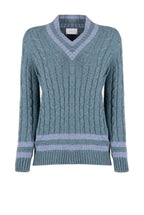 Maglione scollo a V in cashmere petrolio con trecce