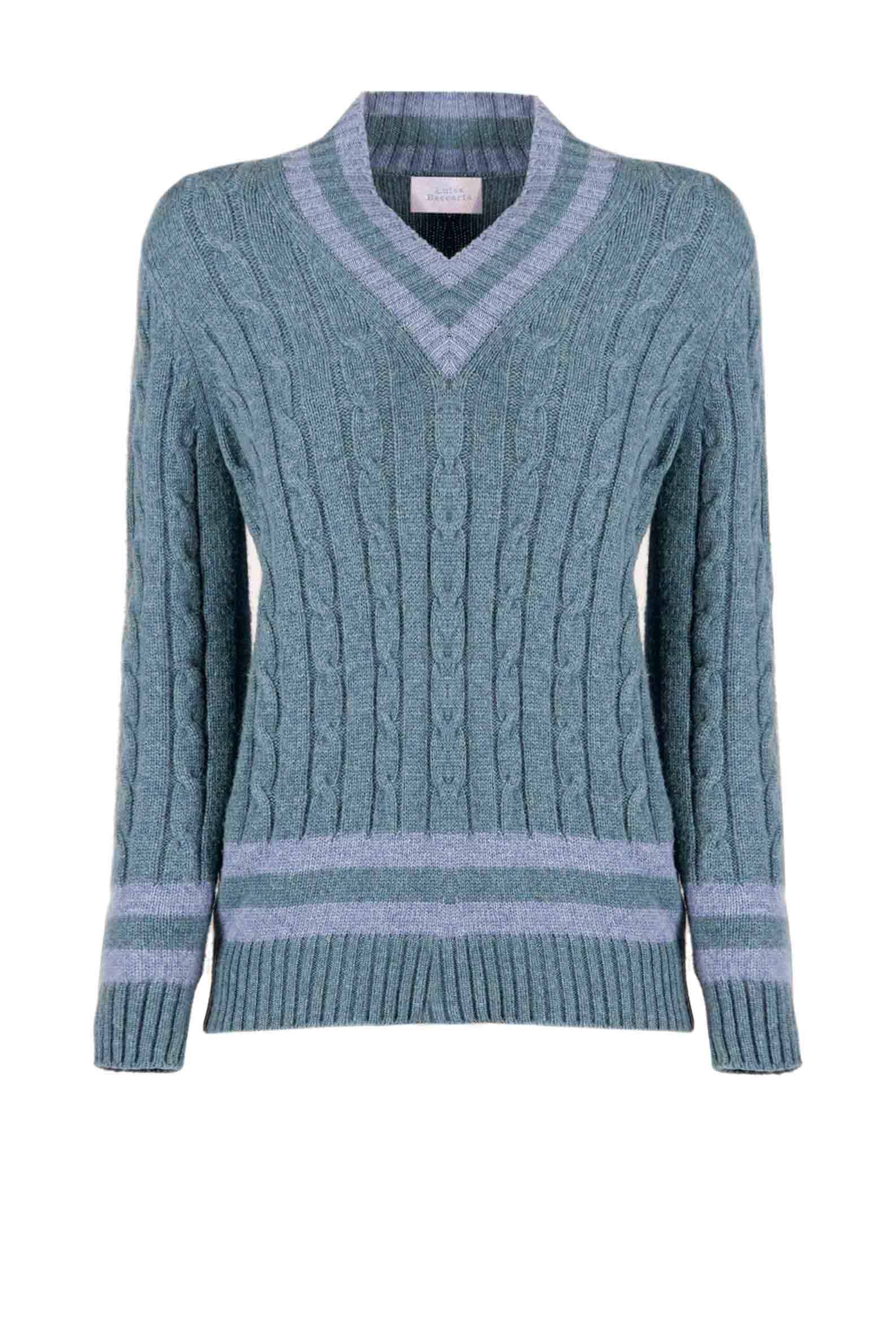 Maglione scollo a V in cashmere petrolio con trecce
