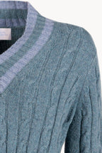 Petrol Cable Cashmere V-Neck Jumper