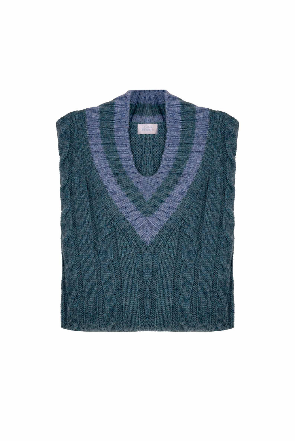 Maglione scollo a V in cashmere petrolio con trecce