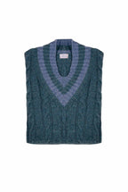 Maglione scollo a V in cashmere petrolio con trecce